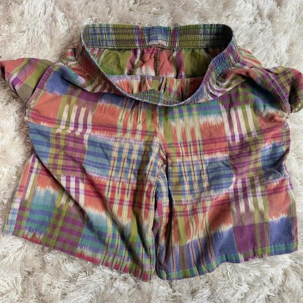 Vintage 80s Madras Plaid Elastic Waist Shorts Cotton Made in USA Mens Large